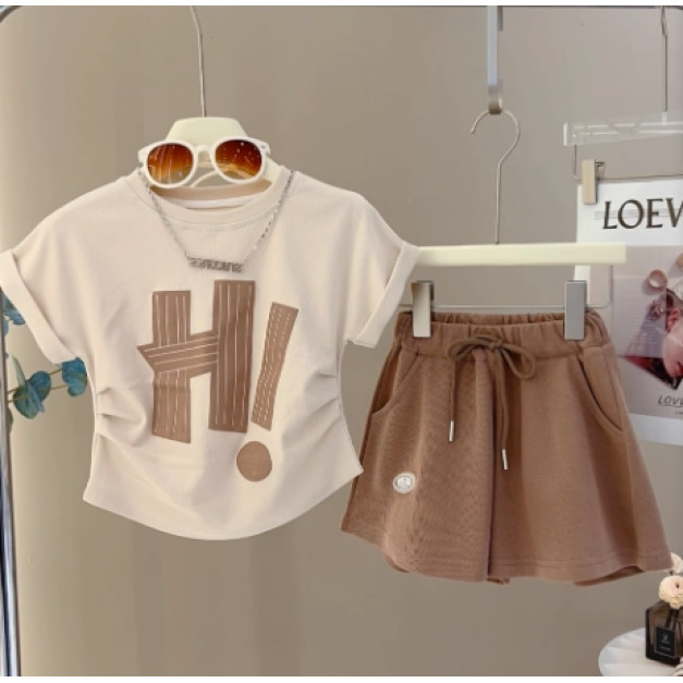 夏款韓版中大童抽繩休閒上衣+短褲二件套(棕色)