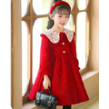 秋冬款韓版中大童小碎花領紅色綁帶連衣裙/新年洋裝_2