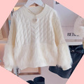 冬款韓版中大童時尚拼接毛毛上衣/針織毛衣