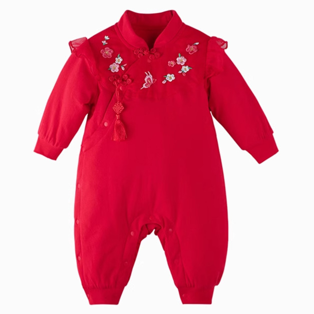 新年款中國風寶寶款繡花薄棉連身衣/爬服（紅色）