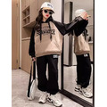 冬款加絨韓版中大童拼色連帽上衣+休閒長褲二件套(咖啡色)_2