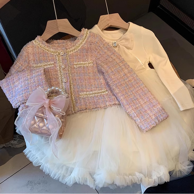 秋冬款韓版小香風粉色公主外套+長袖連衣裙二件套(現貨)