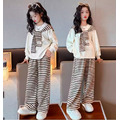 春款韓版休閒米色上衣披肩+條紋長褲二件套/親子裝_1