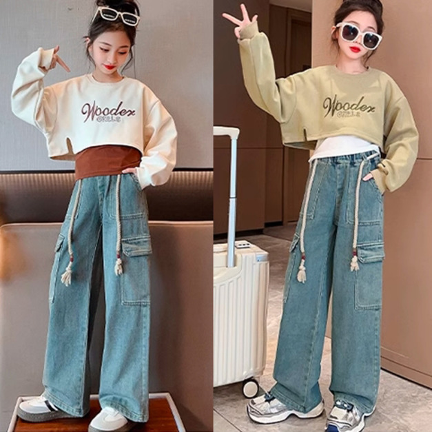 春款韓版中大童休閒上衣+背心+淺藍闊腿牛仔褲三件套/套裝(2色)