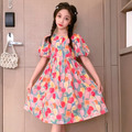 夏裝韓版中大童棉質澎澎袖小碎花公主裙/連衣裙