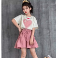 夏裝韓版中大童愛心棉質上衣+蝴蝶結短褲二件套裝(卡其色)_2