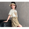 夏裝韓版中大童愛心棉質上衣+蝴蝶結短褲二件套裝(卡其色)_13