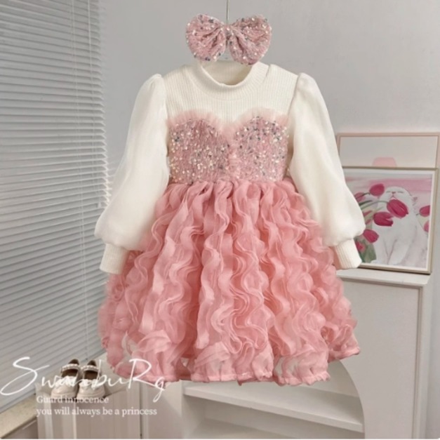 韓版亮片網紗蓬蓬公主裙/連衣裙(粉色)