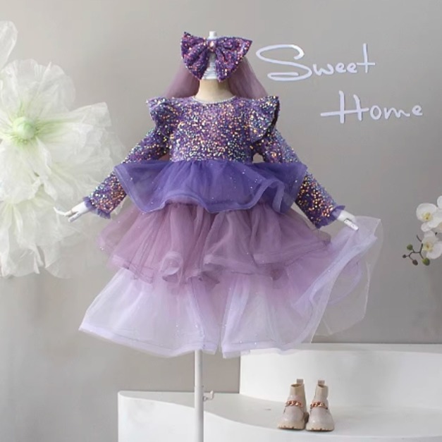 韓版女童亮片長袖蛋糕裙禮服/公主蓬蓬裙(紫色)