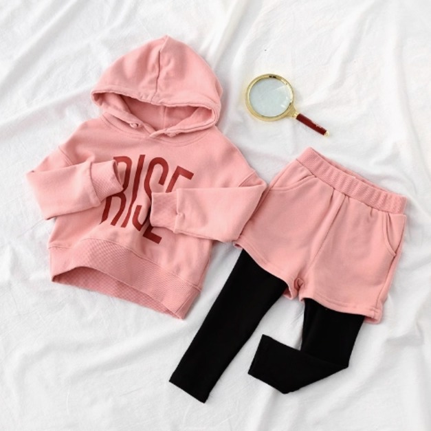 韓版中大童純棉拼接連帽休閒上衣+假二件長褲套裝(粉色)