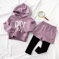 韓版中大童純棉拼接連帽休閒上衣+假二件長褲套裝(紫色)