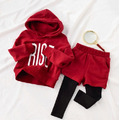韓版中大童純棉拼接連帽休閒上衣+假二件長褲套裝(紅色)