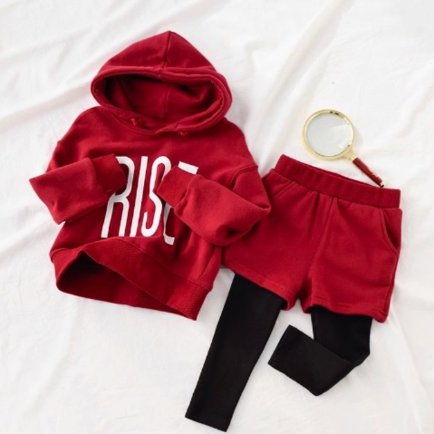 韓版中大童純棉拼接連帽休閒上衣+假二件長褲套裝(紅色)