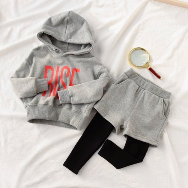 韓版中大童純棉拼接連帽休閒上衣+假二件長褲套裝(灰色)