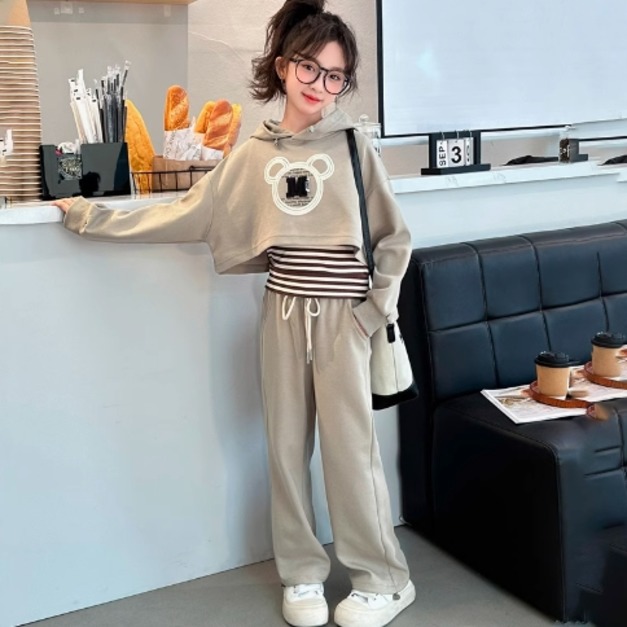 秋裝韓版中大童連帽蝙蝠袖上衣+條紋背心+長褲三件套(灰色)