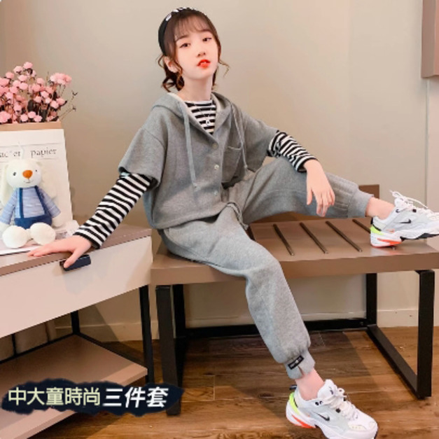 秋裝韓版中大童短袖連帽外套+條紋上衣+長褲三件套
