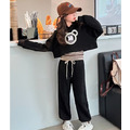 秋裝韓版中大童連帽蝙蝠袖上衣+條紋背心+長褲三件套(黑色)_1
