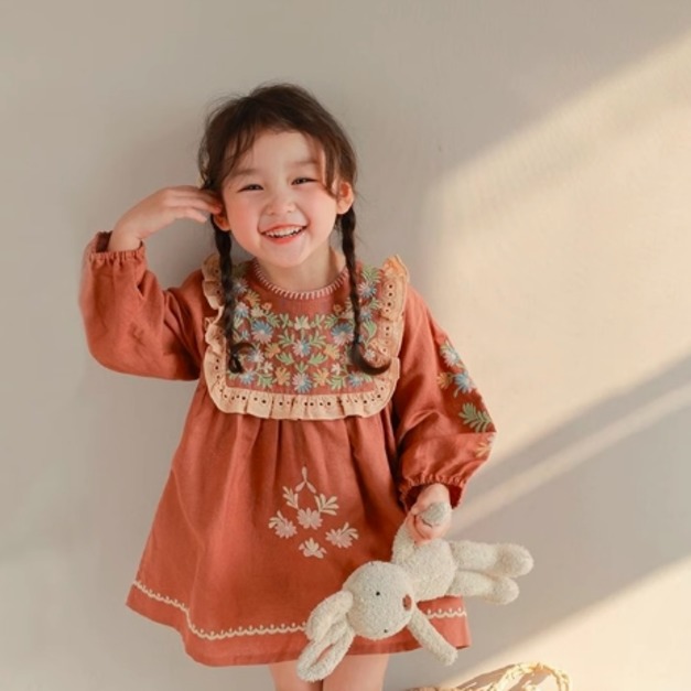 秋冬款韓版棕色蕾絲花邊小碎花娃娃裝/連衣裙