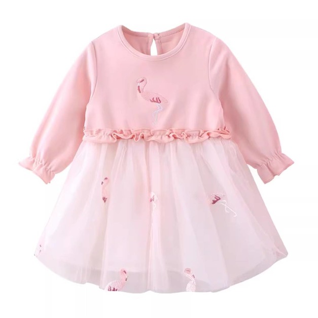 春裝韓版粉色刺繡拼接網紗連衣裙/長版衣裙