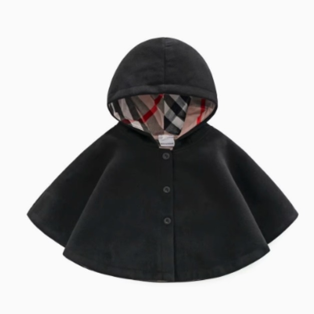 冬款兒童單排釦毛呢連帽披風/外套(黑色)