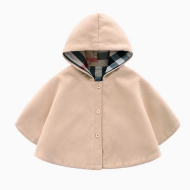 冬款兒童單排釦毛呢連帽披風/外套(米色)