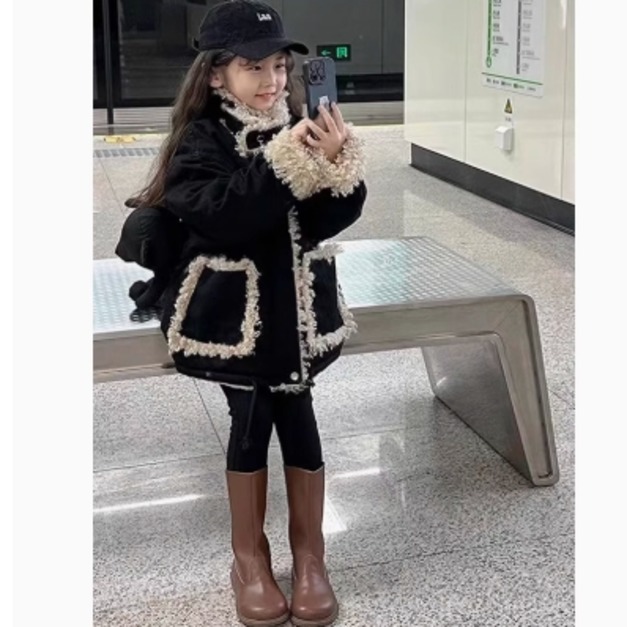 韓版中大童休閒黑色羊羔絨加厚外套/派克服