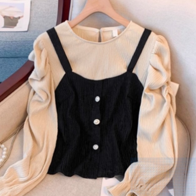 韓版女裝小香風泡泡袖假二件上衣/大碼短款上衣(2色)