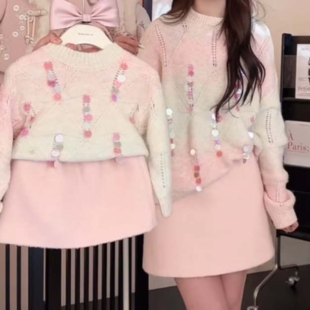 秋冬韓版小香風漸層亮片粉色針織毛衣/上衣/親子裝