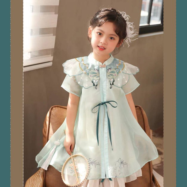 夏款中國風花邊領蝴蝶結網紗公主裙/連衣裙/改良式旗袍裙