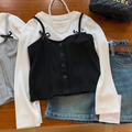 韓版百搭甜美假二件上衣/時尚長袖上衣/T恤_2