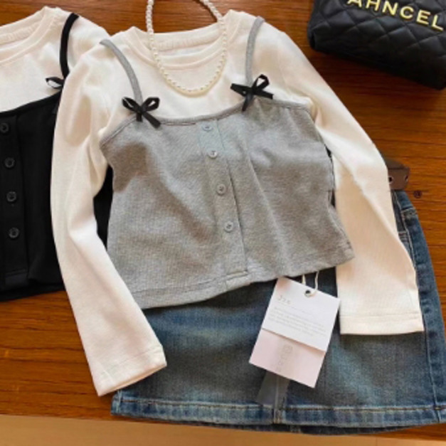 韓版百搭甜美假二件上衣/時尚長袖上衣/T恤