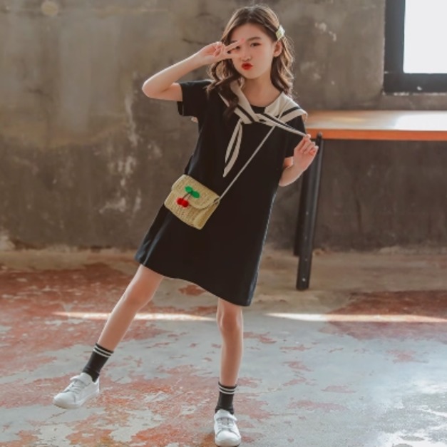 夏款韓版中大童海軍領連衣裙(黑色)