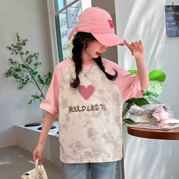 夏款韓版中大童愛心渲染拼色短袖上衣/T恤(粉色)