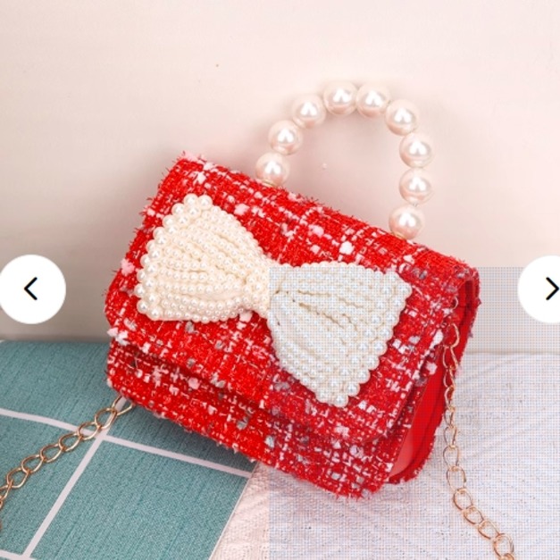 韓版小香風格子珍珠手提包/斜揹包(紅色)