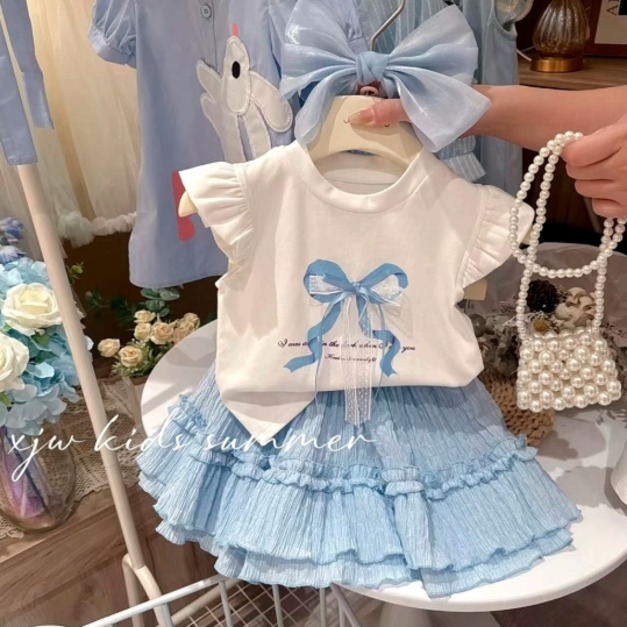 夏款韓版可愛蝴蝶結上衣+藍色花邊裙二件套裝