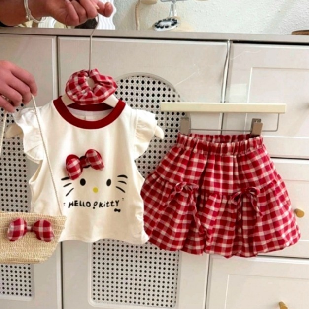 夏款韓版可愛卡通上衣+格子花苞褲裙二件套裝