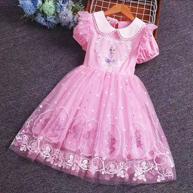 夏裝韓版愛莎娃娃領印花蓬蓬袖公主裙(粉色)