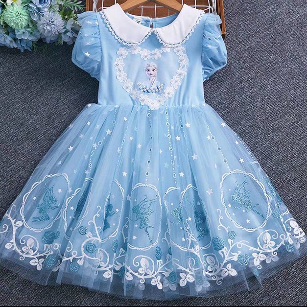 夏裝韓版愛莎娃娃領印花蓬蓬袖公主裙(藍色)