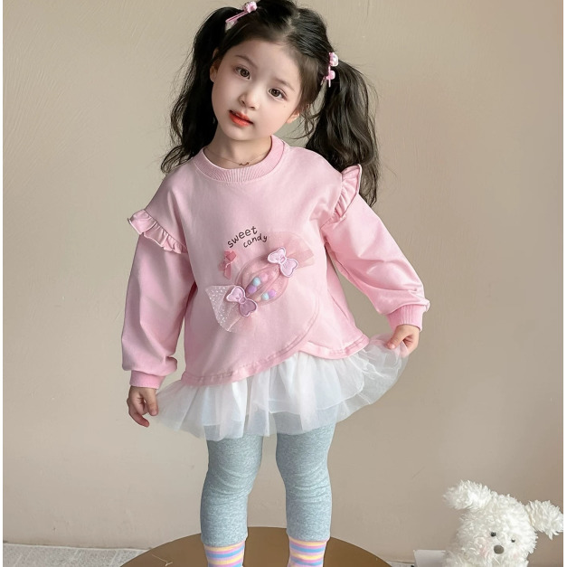 秋款韓版可愛糖果網紗衣裙+內搭褲二件套裝(粉色)