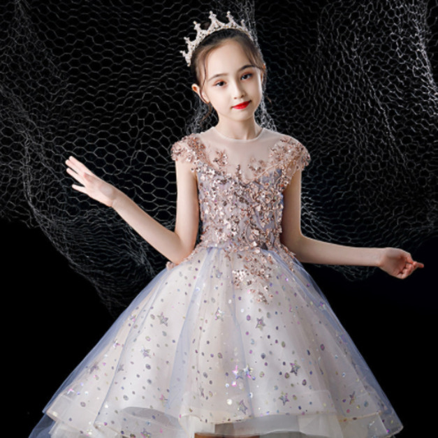 韓版中大童氣質款金色花朵網紗公主裙/音樂表演小禮服(短款)現貨