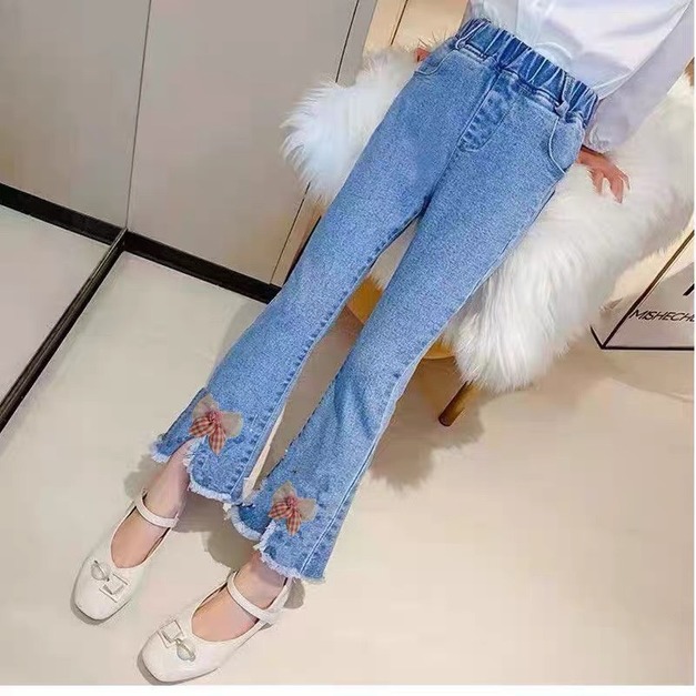 秋裝韓版中大童蝴蝶結開叉喇叭褲/牛仔褲