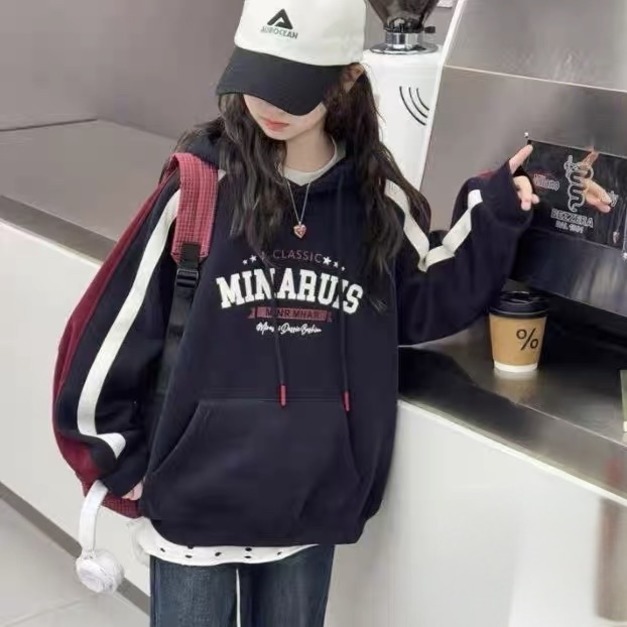 冬款加絨韓版中大童休閒保暖寬版上衣(深藍色)