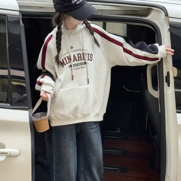 冬款加絨韓版中大童休閒拼色保暖寬版連帽上衣(白色)