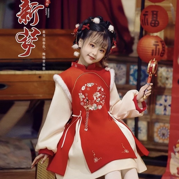 冬款韓版中大童中國風假二件刺繡加絨旗袍裙/連衣裙