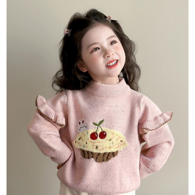 秋冬款韓版荷葉邊可愛櫻桃蛋糕毛衣/針織上衣(粉色)