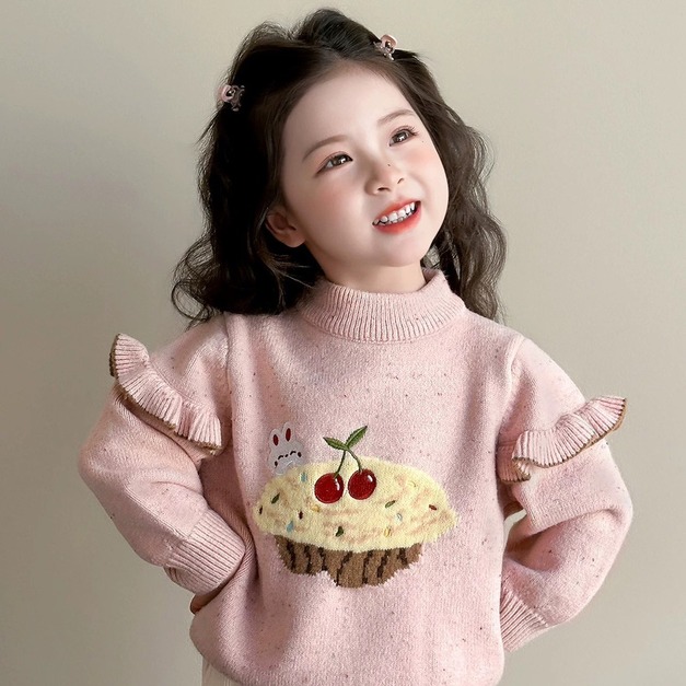 秋冬款韓版荷葉邊可愛櫻桃蛋糕毛衣/針織上衣(粉色)