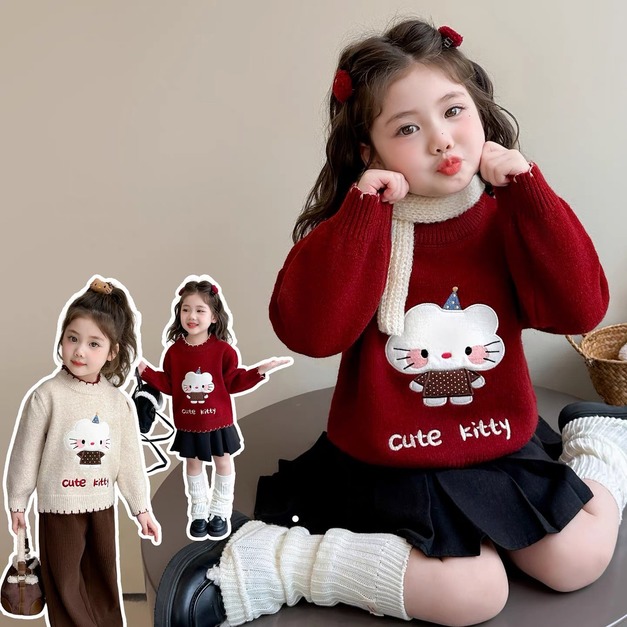 秋冬款韓版針織可愛雲朵圖案毛衣/上衣(紅色)