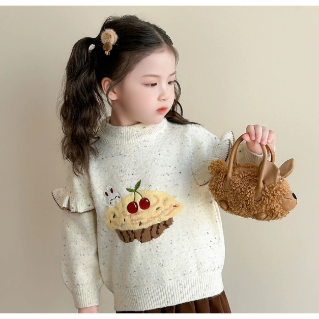 秋冬款韓版荷葉邊可愛櫻桃蛋糕毛衣/針織上衣(米色)