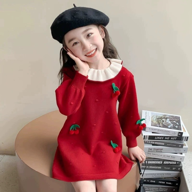 秋冬款韓版新年紅色針織櫻桃連衣裙