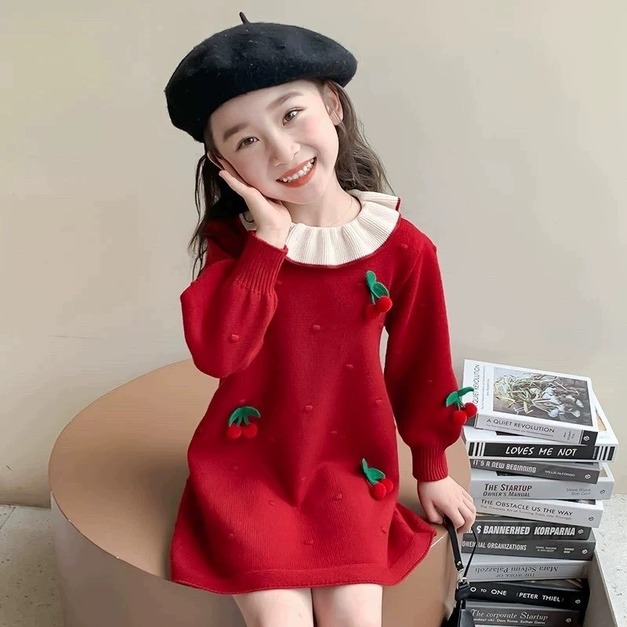 秋冬款韓版新年紅色針織櫻桃連衣裙
